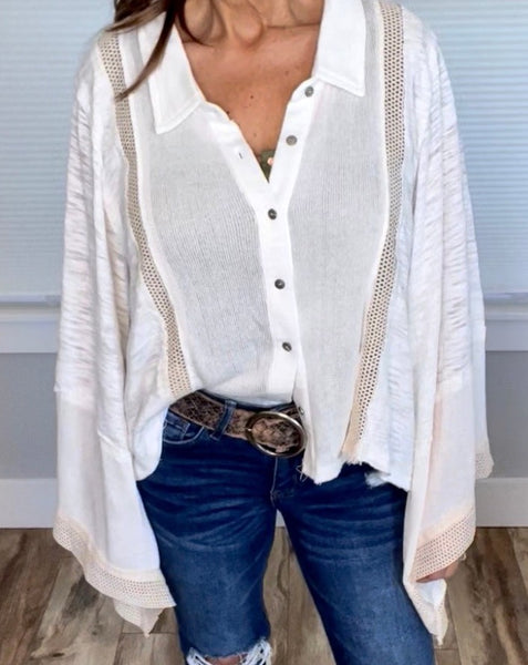 Kimono Sleeve Button Down Top - Cream