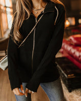 BLACK Waffle Full-Zip Sweatshirt