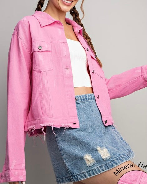 Distressed Denim Jacket - PINK