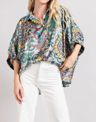 Multi Print Button Down Blouse