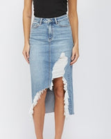 Distressed Denim Midi Skirt