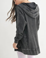 Vintage Washed Waffle Hooded Cardigan - BLACK