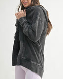 Vintage Washed Waffle Hooded Cardigan - BLACK