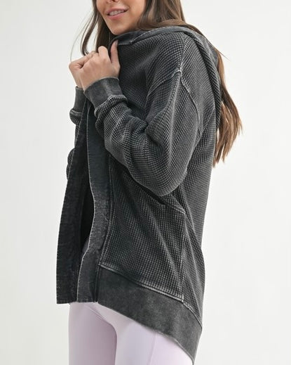 Vintage Washed Waffle Hooded Cardigan - BLACK