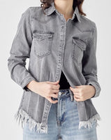 Grey Frayed Hem Denim Shirt