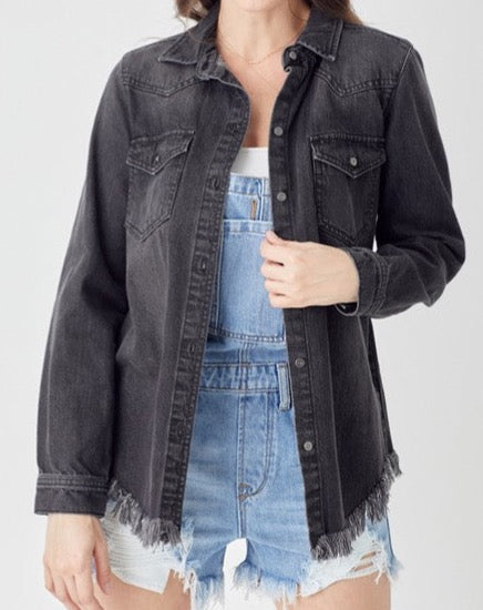 Black Frayed Hem Denim Shirt