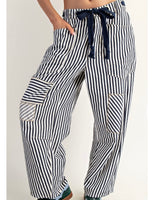 Navy Stripe Drawstring Barrel Pant