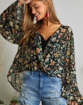 Black Floral Print Crossover Blouse