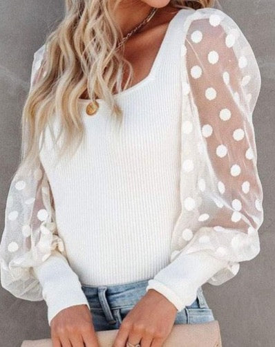 Sheer Dot Sleeve Top - WHITE