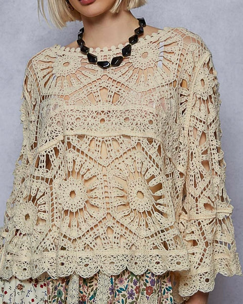 3/4 Sleeve Crochet Top - Cream