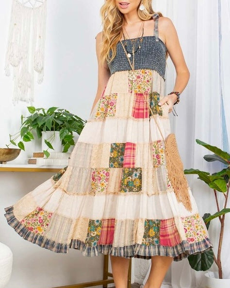 Denim & Patchwork Midi Dress – Bella Blue Boutique