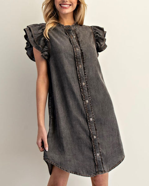 Button Down Ruffle Detail Denim Dress - Black