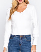Ribbed V-Neck Crop Sweater - WHITE