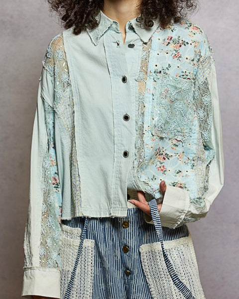Mixed Fabric Button Down - Light Blue