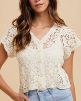 Short Sleeve Crochet Button Cardigan- Natural