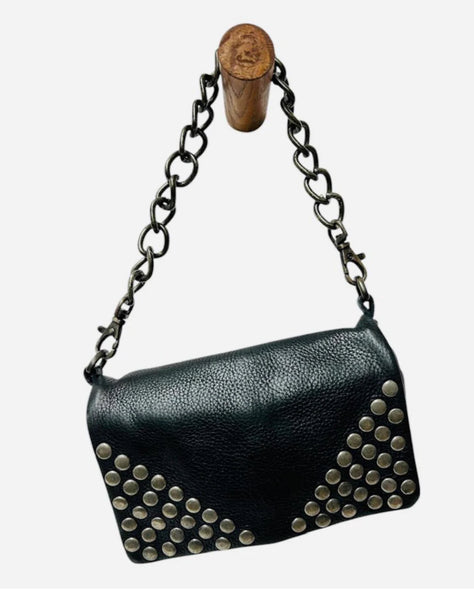 Chain & Stud Detail Leather Bag - 2 COLORS