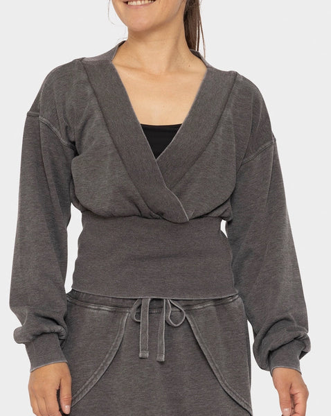 Deep V-Neck Burnout Sweatshirt - Black