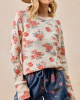 Floral Print Waffle Long Sleeve Top