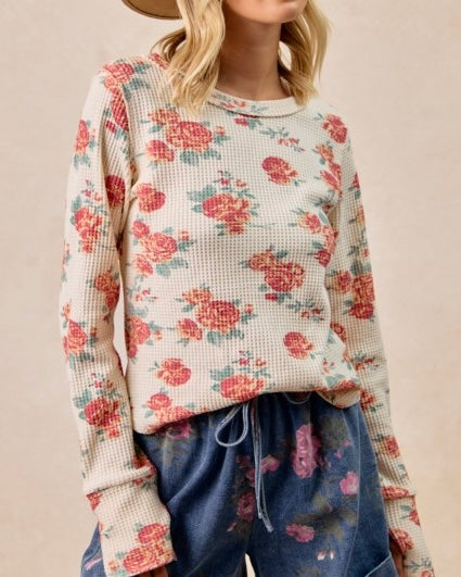Floral Print Waffle Long Sleeve Top