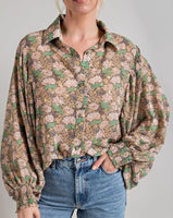 Sage Print Smocked Cuff Blouse