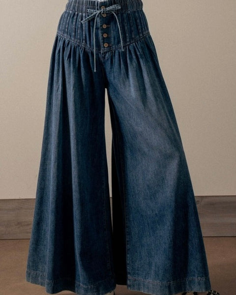 Pintuck Wide Leg Denim Pant - Dark Wash