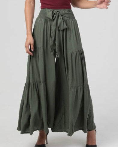 Tiered Wide Leg Pants - Olive