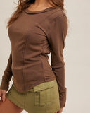 Snow Washed Ribbed Button Cuff Long Sleeve Top ONLINE EXCLUSIVE