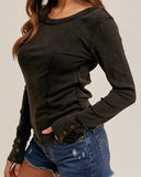 Snow Washed Ribbed Button Cuff Long Sleeve Top ONLINE EXCLUSIVE