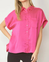 Satin Button Short Sleeve Blouse *3//COLORS*