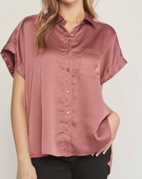 Satin Button Short Sleeve Blouse *3//COLORS*