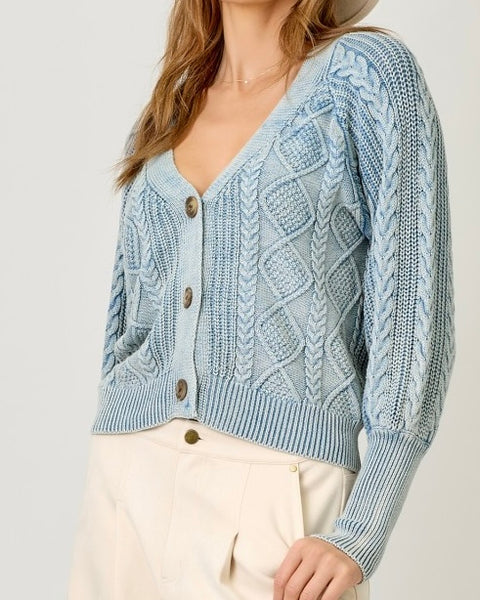 Washed Cable Cardigan- Blue