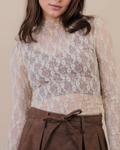 Fitted Lace Long Sleeve Top - Cream