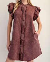 Button Down Ruffle Sleeve Denim Dress - Wine