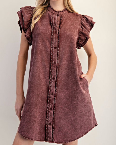Button Down Ruffle Sleeve Denim Dress - Wine