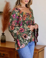Floral Bell Sleeve Smocked Top