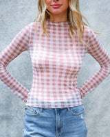 Check Print Long Sleeve Mesh Top - Mauve