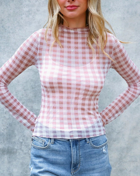 Check Print Long Sleeve Mesh Top - Mauve