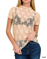 Sheer Short Sleeve Lace Top  - 2 Colors