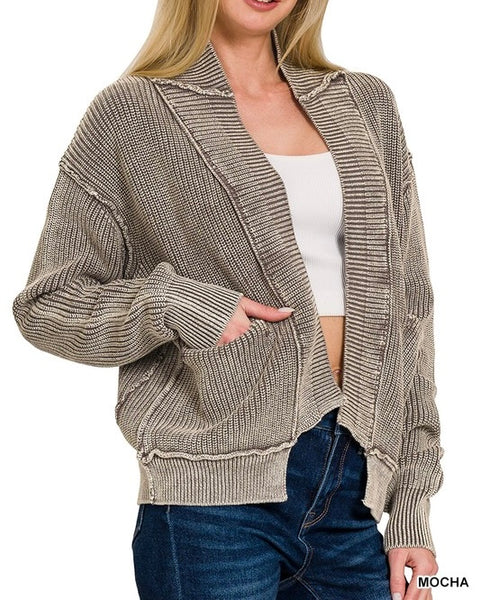 Washed Drop Shoulder Cardigan - Mocha