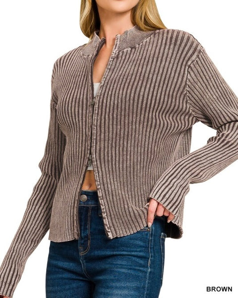 Washed Double Zip Cardigan - 2 Colors