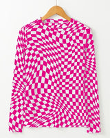 Checkered Mesh Long Sleeve Top - Pink