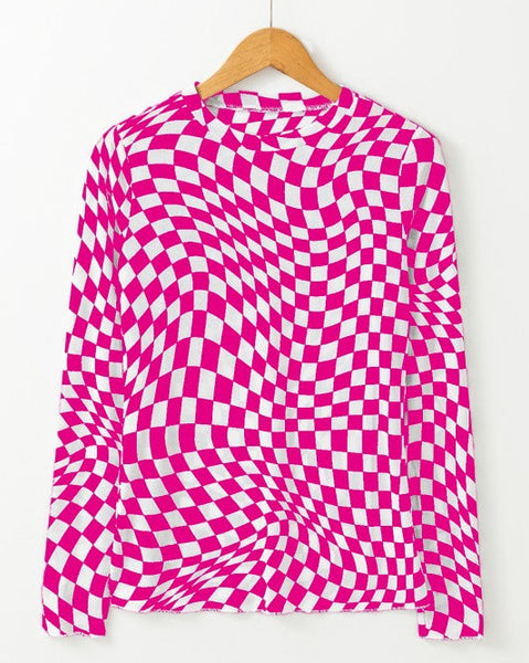 Checkered Mesh Long Sleeve Top - Pink