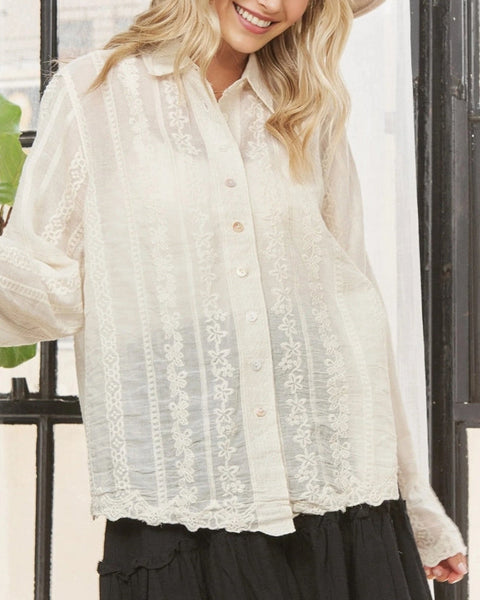 Embroidered Long Sleeve Button Down - Cream