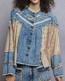 Mixed Fabric Button Down Top - Denim