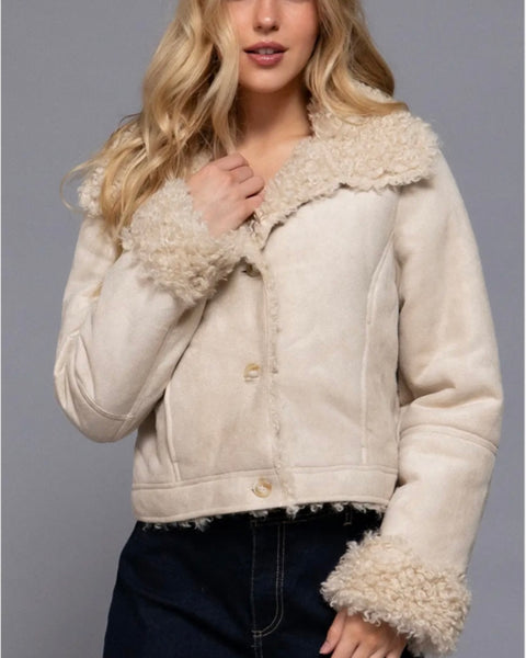 Sherpa & Suede Coat - Cream