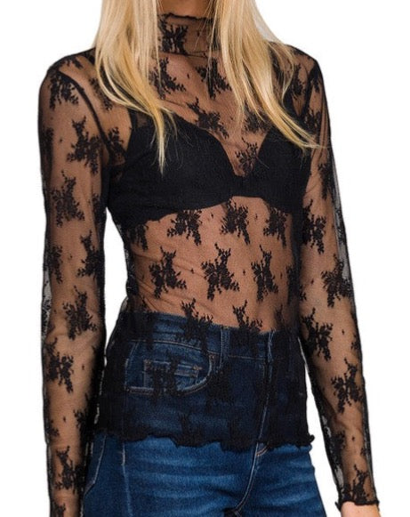 Sheer Long Sleeve Lace Top  - 2 Colors