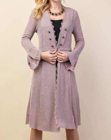 Cardigan w/ Lace Sleeve Details - MAUVE
