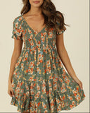 V-Neck Floral Print Dress in Olive