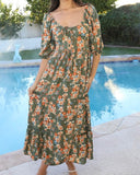 Olive Floral Print Tie Back Dress