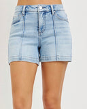 Tummy Control Pintuck Shorts - Light Wash